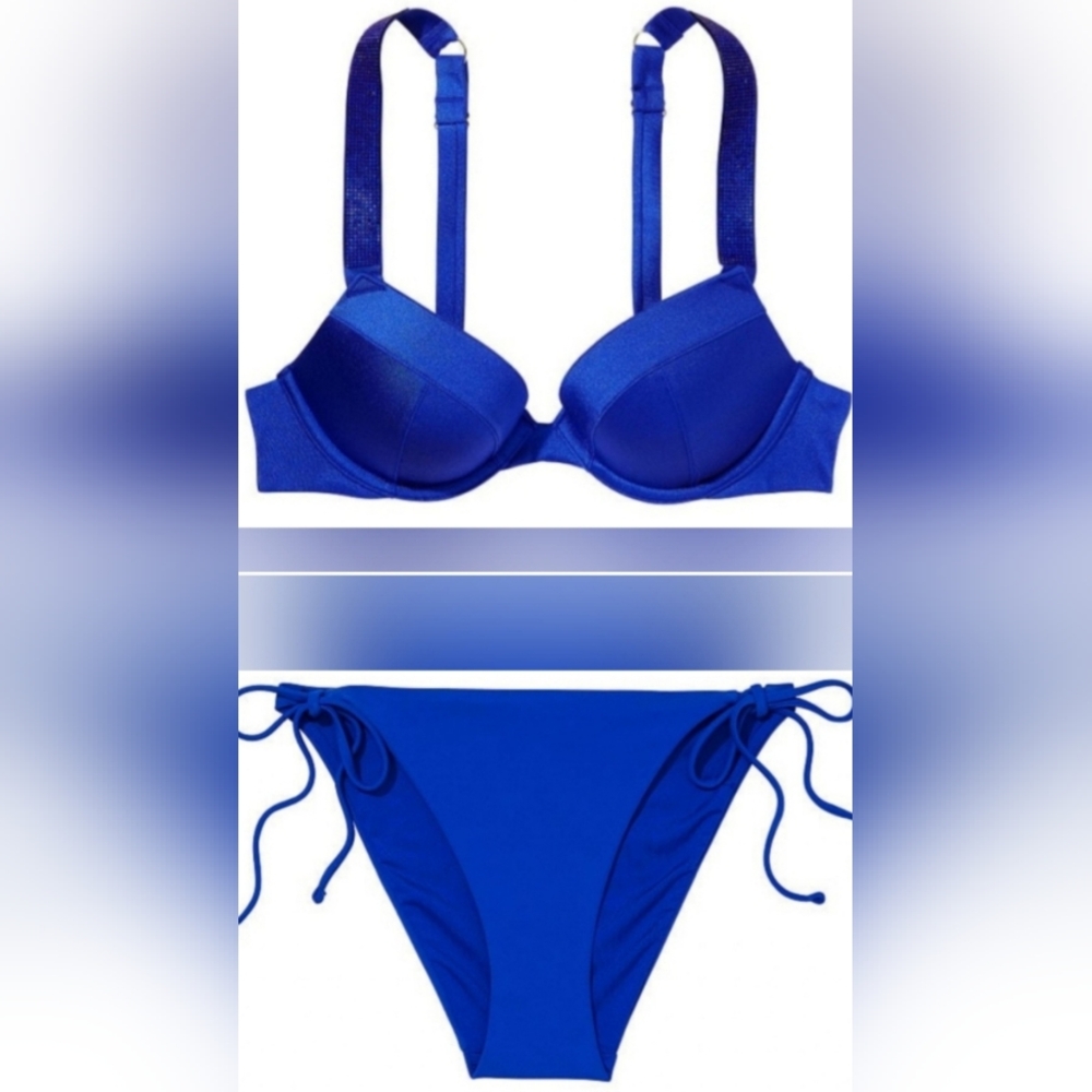 38C/XXL VS Swim Shine  Sexy Tee Side Tie Cheeky Bikini Set Blue Tropical